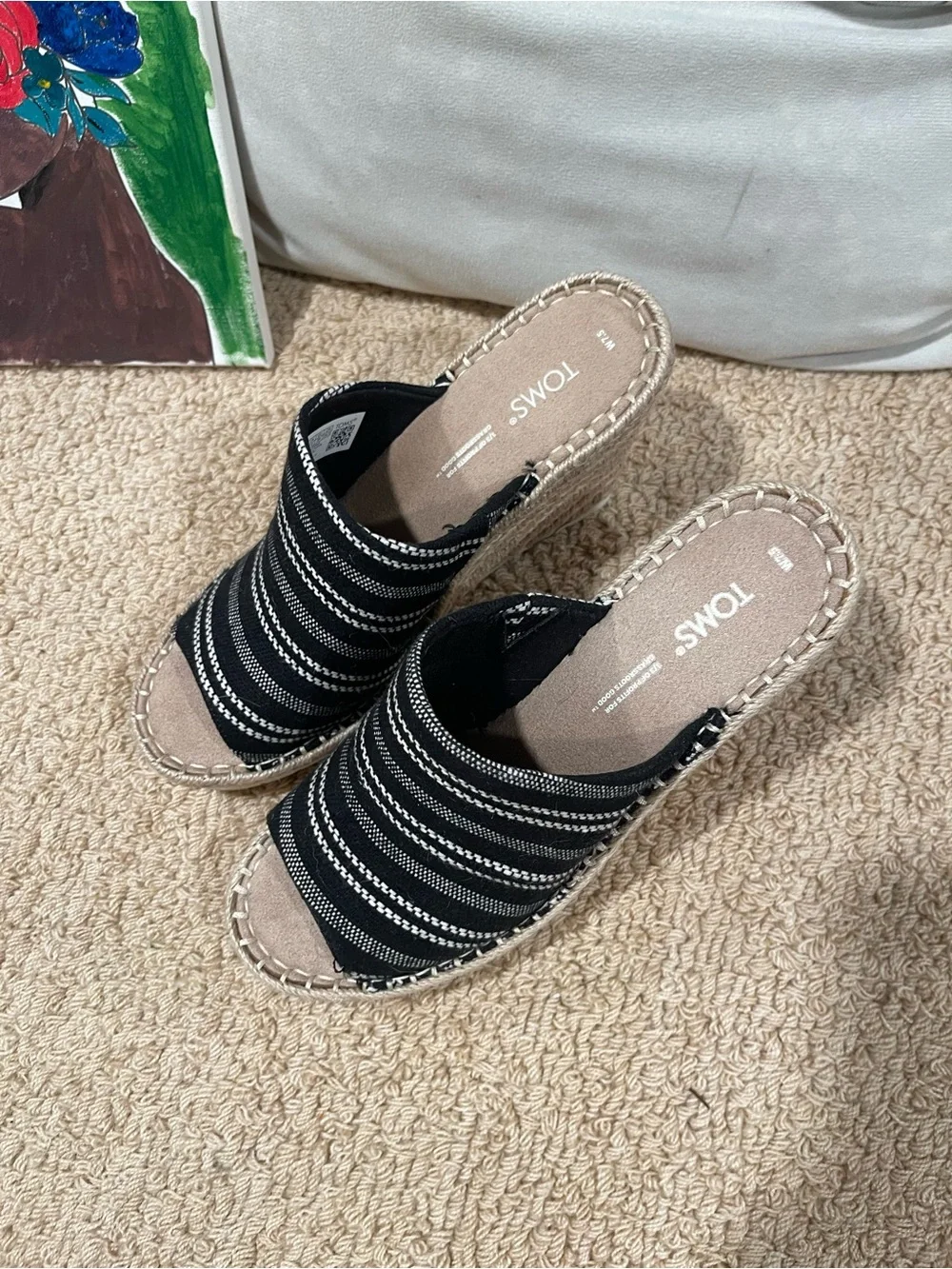 TOMS Black and White Striped Espadrille Wedge Mules